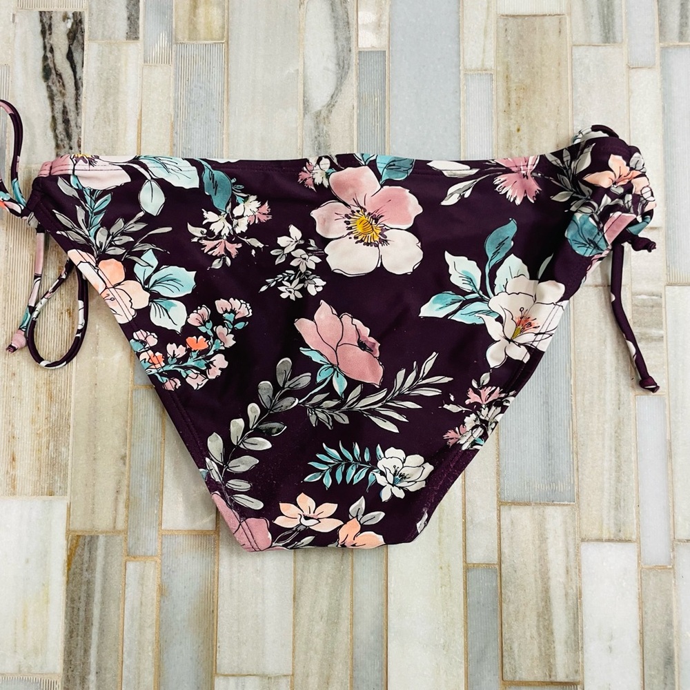 Kona Sol Floral Bikini Set Medium Burgundy Pink Tie Side Halter - Picture 8 of 15